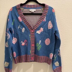 Never Fully Dressed Blue Cardigan with Pink and Green Accents